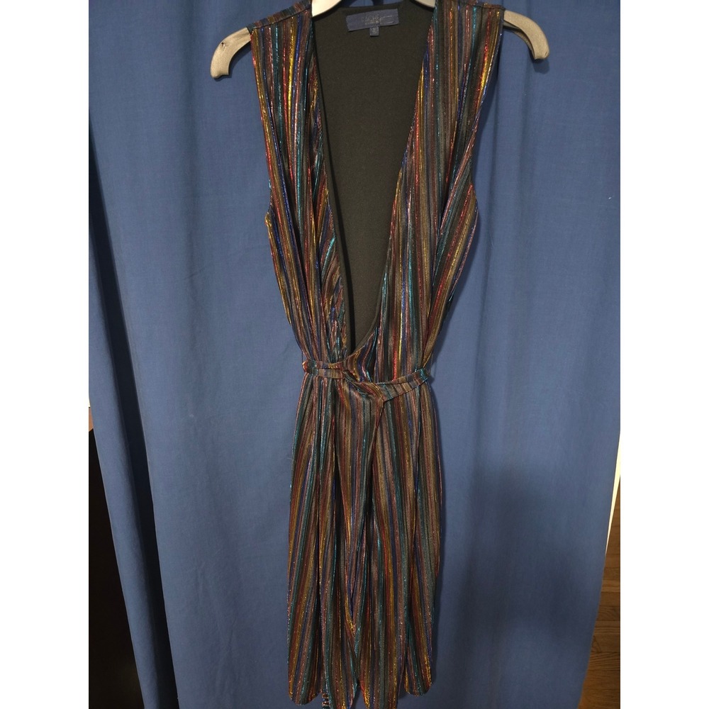 Rachel Rachel Roy Metallic Rainbow Stripe V-Neck Sleeveless Wrap Dress Womens M